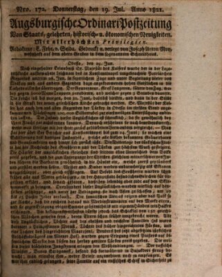 Augsburgische Ordinari Postzeitung von Staats-, gelehrten, historisch- u. ökonomischen Neuigkeiten (Augsburger Postzeitung) Donnerstag 19. Juli 1821