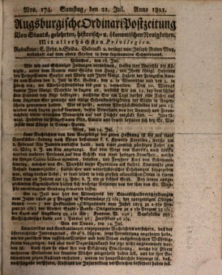 Augsburgische Ordinari Postzeitung von Staats-, gelehrten, historisch- u. ökonomischen Neuigkeiten (Augsburger Postzeitung) Samstag 21. Juli 1821