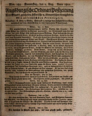 Augsburgische Ordinari Postzeitung von Staats-, gelehrten, historisch- u. ökonomischen Neuigkeiten (Augsburger Postzeitung) Donnerstag 2. August 1821