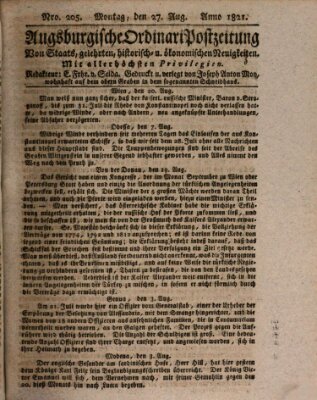 Augsburgische Ordinari Postzeitung von Staats-, gelehrten, historisch- u. ökonomischen Neuigkeiten (Augsburger Postzeitung) Montag 27. August 1821