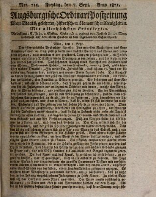 Augsburgische Ordinari Postzeitung von Staats-, gelehrten, historisch- u. ökonomischen Neuigkeiten (Augsburger Postzeitung) Freitag 7. September 1821