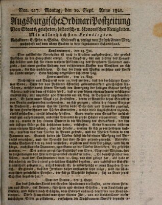 Augsburgische Ordinari Postzeitung von Staats-, gelehrten, historisch- u. ökonomischen Neuigkeiten (Augsburger Postzeitung) Montag 10. September 1821