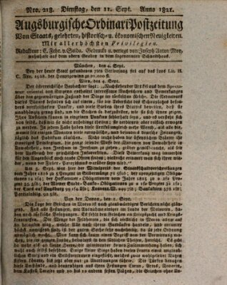 Augsburgische Ordinari Postzeitung von Staats-, gelehrten, historisch- u. ökonomischen Neuigkeiten (Augsburger Postzeitung) Dienstag 11. September 1821