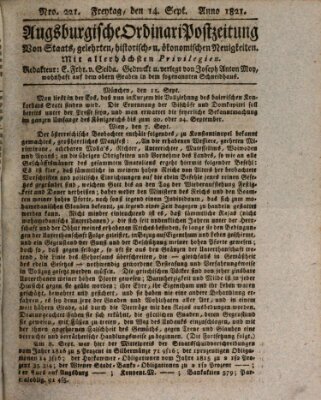 Augsburgische Ordinari Postzeitung von Staats-, gelehrten, historisch- u. ökonomischen Neuigkeiten (Augsburger Postzeitung) Freitag 14. September 1821