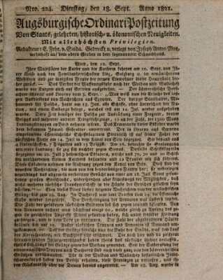 Augsburgische Ordinari Postzeitung von Staats-, gelehrten, historisch- u. ökonomischen Neuigkeiten (Augsburger Postzeitung) Dienstag 18. September 1821