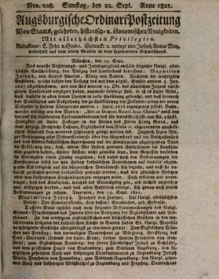 Augsburgische Ordinari Postzeitung von Staats-, gelehrten, historisch- u. ökonomischen Neuigkeiten (Augsburger Postzeitung) Samstag 22. September 1821