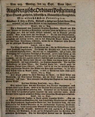 Augsburgische Ordinari Postzeitung von Staats-, gelehrten, historisch- u. ökonomischen Neuigkeiten (Augsburger Postzeitung) Montag 24. September 1821