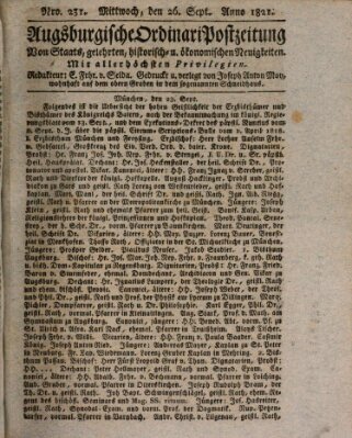 Augsburgische Ordinari Postzeitung von Staats-, gelehrten, historisch- u. ökonomischen Neuigkeiten (Augsburger Postzeitung) Mittwoch 26. September 1821