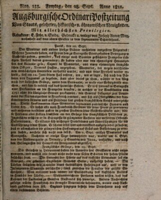 Augsburgische Ordinari Postzeitung von Staats-, gelehrten, historisch- u. ökonomischen Neuigkeiten (Augsburger Postzeitung) Freitag 28. September 1821