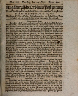 Augsburgische Ordinari Postzeitung von Staats-, gelehrten, historisch- u. ökonomischen Neuigkeiten (Augsburger Postzeitung) Samstag 29. September 1821