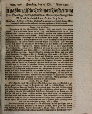 Augsburgische Ordinari Postzeitung von Staats-, gelehrten, historisch- u. ökonomischen Neuigkeiten (Augsburger Postzeitung) Dienstag 2. Oktober 1821