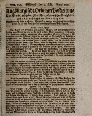 Augsburgische Ordinari Postzeitung von Staats-, gelehrten, historisch- u. ökonomischen Neuigkeiten (Augsburger Postzeitung) Mittwoch 3. Oktober 1821