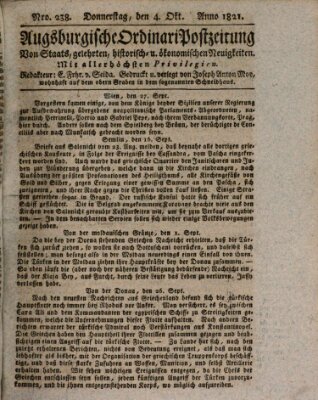 Augsburgische Ordinari Postzeitung von Staats-, gelehrten, historisch- u. ökonomischen Neuigkeiten (Augsburger Postzeitung) Donnerstag 4. Oktober 1821