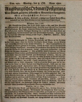 Augsburgische Ordinari Postzeitung von Staats-, gelehrten, historisch- u. ökonomischen Neuigkeiten (Augsburger Postzeitung) Montag 8. Oktober 1821