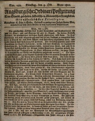 Augsburgische Ordinari Postzeitung von Staats-, gelehrten, historisch- u. ökonomischen Neuigkeiten (Augsburger Postzeitung) Dienstag 9. Oktober 1821