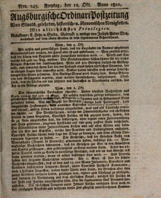 Augsburgische Ordinari Postzeitung von Staats-, gelehrten, historisch- u. ökonomischen Neuigkeiten (Augsburger Postzeitung) Freitag 12. Oktober 1821