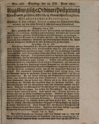 Augsburgische Ordinari Postzeitung von Staats-, gelehrten, historisch- u. ökonomischen Neuigkeiten (Augsburger Postzeitung) Samstag 13. Oktober 1821