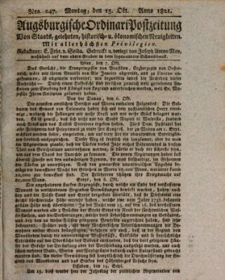 Augsburgische Ordinari Postzeitung von Staats-, gelehrten, historisch- u. ökonomischen Neuigkeiten (Augsburger Postzeitung) Montag 15. Oktober 1821