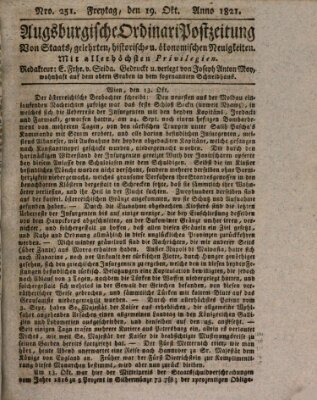 Augsburgische Ordinari Postzeitung von Staats-, gelehrten, historisch- u. ökonomischen Neuigkeiten (Augsburger Postzeitung) Freitag 19. Oktober 1821