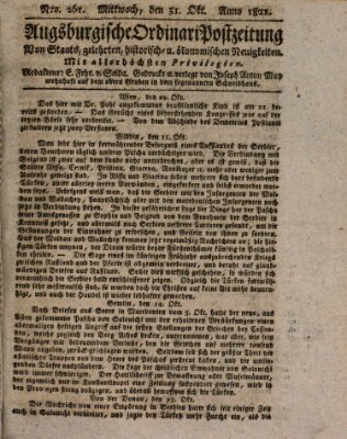 Augsburgische Ordinari Postzeitung von Staats-, gelehrten, historisch- u. ökonomischen Neuigkeiten (Augsburger Postzeitung) Mittwoch 31. Oktober 1821