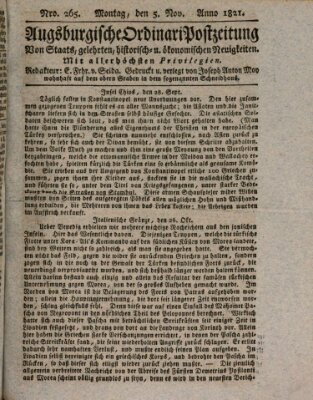 Augsburgische Ordinari Postzeitung von Staats-, gelehrten, historisch- u. ökonomischen Neuigkeiten (Augsburger Postzeitung) Montag 5. November 1821