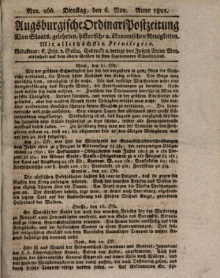 Augsburgische Ordinari Postzeitung von Staats-, gelehrten, historisch- u. ökonomischen Neuigkeiten (Augsburger Postzeitung) Dienstag 6. November 1821