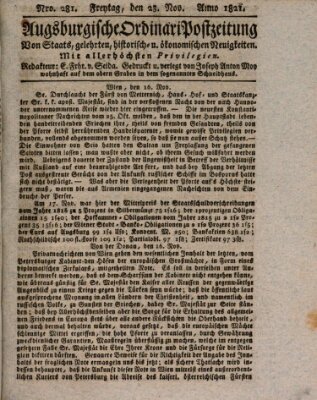 Augsburgische Ordinari Postzeitung von Staats-, gelehrten, historisch- u. ökonomischen Neuigkeiten (Augsburger Postzeitung) Freitag 23. November 1821