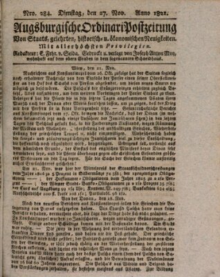 Augsburgische Ordinari Postzeitung von Staats-, gelehrten, historisch- u. ökonomischen Neuigkeiten (Augsburger Postzeitung) Dienstag 27. November 1821