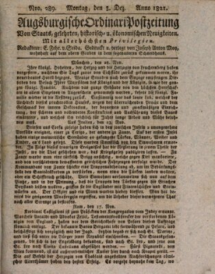 Augsburgische Ordinari Postzeitung von Staats-, gelehrten, historisch- u. ökonomischen Neuigkeiten (Augsburger Postzeitung) Montag 3. Dezember 1821