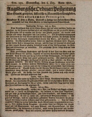 Augsburgische Ordinari Postzeitung von Staats-, gelehrten, historisch- u. ökonomischen Neuigkeiten (Augsburger Postzeitung) Donnerstag 6. Dezember 1821