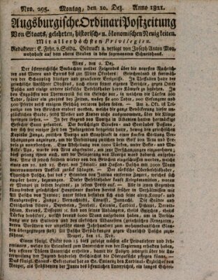 Augsburgische Ordinari Postzeitung von Staats-, gelehrten, historisch- u. ökonomischen Neuigkeiten (Augsburger Postzeitung) Montag 10. Dezember 1821