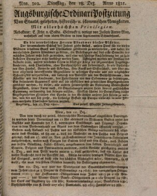 Augsburgische Ordinari Postzeitung von Staats-, gelehrten, historisch- u. ökonomischen Neuigkeiten (Augsburger Postzeitung) Dienstag 18. Dezember 1821