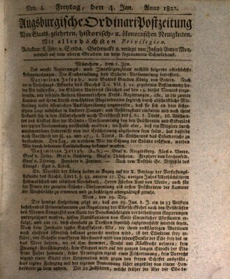 Augsburgische Ordinari Postzeitung von Staats-, gelehrten, historisch- u. ökonomischen Neuigkeiten (Augsburger Postzeitung) Freitag 4. Januar 1822