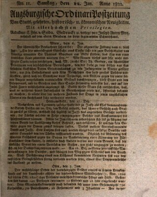 Augsburgische Ordinari Postzeitung von Staats-, gelehrten, historisch- u. ökonomischen Neuigkeiten (Augsburger Postzeitung) Samstag 12. Januar 1822