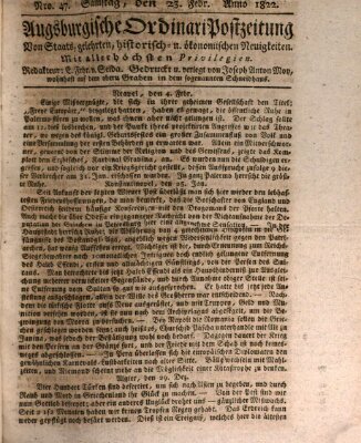 Augsburgische Ordinari Postzeitung von Staats-, gelehrten, historisch- u. ökonomischen Neuigkeiten (Augsburger Postzeitung) Samstag 23. Februar 1822