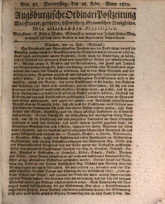 Augsburgische Ordinari Postzeitung von Staats-, gelehrten, historisch- u. ökonomischen Neuigkeiten (Augsburger Postzeitung) Donnerstag 28. Februar 1822