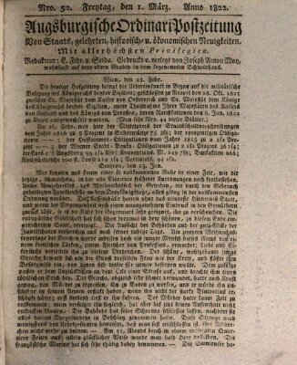 Augsburgische Ordinari Postzeitung von Staats-, gelehrten, historisch- u. ökonomischen Neuigkeiten (Augsburger Postzeitung) Freitag 1. März 1822