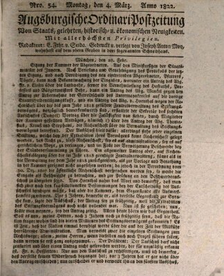 Augsburgische Ordinari Postzeitung von Staats-, gelehrten, historisch- u. ökonomischen Neuigkeiten (Augsburger Postzeitung) Montag 4. März 1822