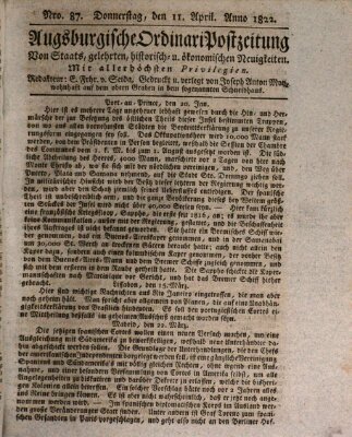 Augsburgische Ordinari Postzeitung von Staats-, gelehrten, historisch- u. ökonomischen Neuigkeiten (Augsburger Postzeitung) Donnerstag 11. April 1822