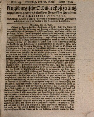 Augsburgische Ordinari Postzeitung von Staats-, gelehrten, historisch- u. ökonomischen Neuigkeiten (Augsburger Postzeitung) Samstag 20. April 1822