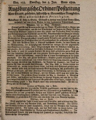 Augsburgische Ordinari Postzeitung von Staats-, gelehrten, historisch- u. ökonomischen Neuigkeiten (Augsburger Postzeitung) Dienstag 4. Juni 1822