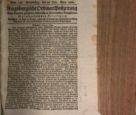 Augsburgische Ordinari Postzeitung von Staats-, gelehrten, historisch- u. ökonomischen Neuigkeiten (Augsburger Postzeitung) Donnerstag 20. Juni 1822