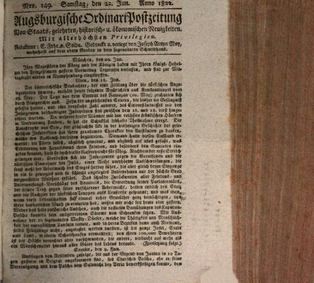 Augsburgische Ordinari Postzeitung von Staats-, gelehrten, historisch- u. ökonomischen Neuigkeiten (Augsburger Postzeitung) Samstag 22. Juni 1822