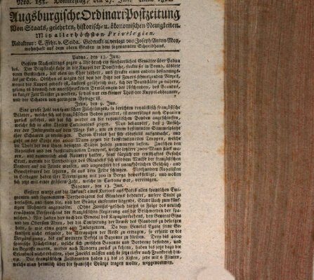 Augsburgische Ordinari Postzeitung von Staats-, gelehrten, historisch- u. ökonomischen Neuigkeiten (Augsburger Postzeitung) Donnerstag 27. Juni 1822