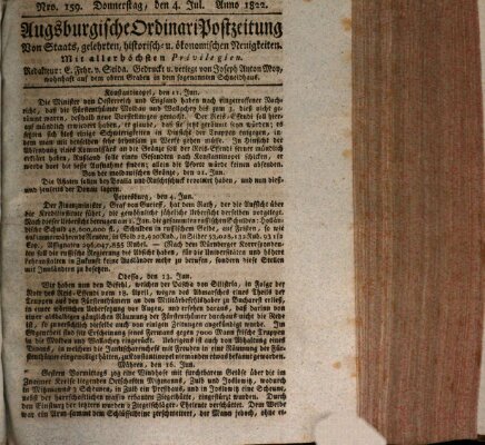 Augsburgische Ordinari Postzeitung von Staats-, gelehrten, historisch- u. ökonomischen Neuigkeiten (Augsburger Postzeitung) Donnerstag 4. Juli 1822