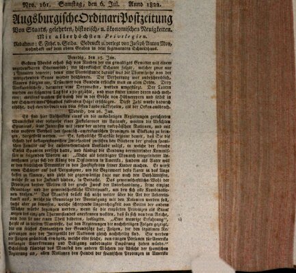 Augsburgische Ordinari Postzeitung von Staats-, gelehrten, historisch- u. ökonomischen Neuigkeiten (Augsburger Postzeitung) Samstag 6. Juli 1822