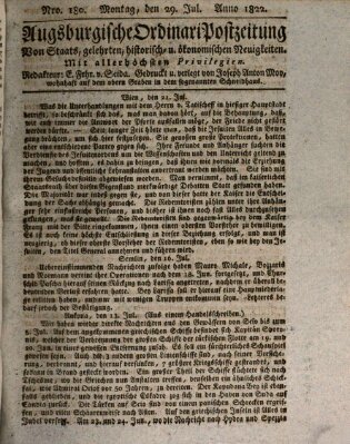 Augsburgische Ordinari Postzeitung von Staats-, gelehrten, historisch- u. ökonomischen Neuigkeiten (Augsburger Postzeitung) Montag 29. Juli 1822