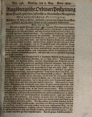 Augsburgische Ordinari Postzeitung von Staats-, gelehrten, historisch- u. ökonomischen Neuigkeiten (Augsburger Postzeitung) Montag 5. August 1822