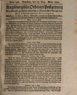 Augsburgische Ordinari Postzeitung von Staats-, gelehrten, historisch- u. ökonomischen Neuigkeiten (Augsburger Postzeitung) Samstag 17. August 1822