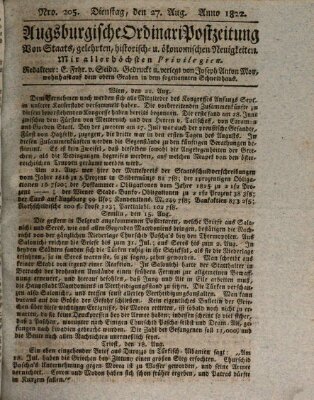 Augsburgische Ordinari Postzeitung von Staats-, gelehrten, historisch- u. ökonomischen Neuigkeiten (Augsburger Postzeitung) Dienstag 27. August 1822